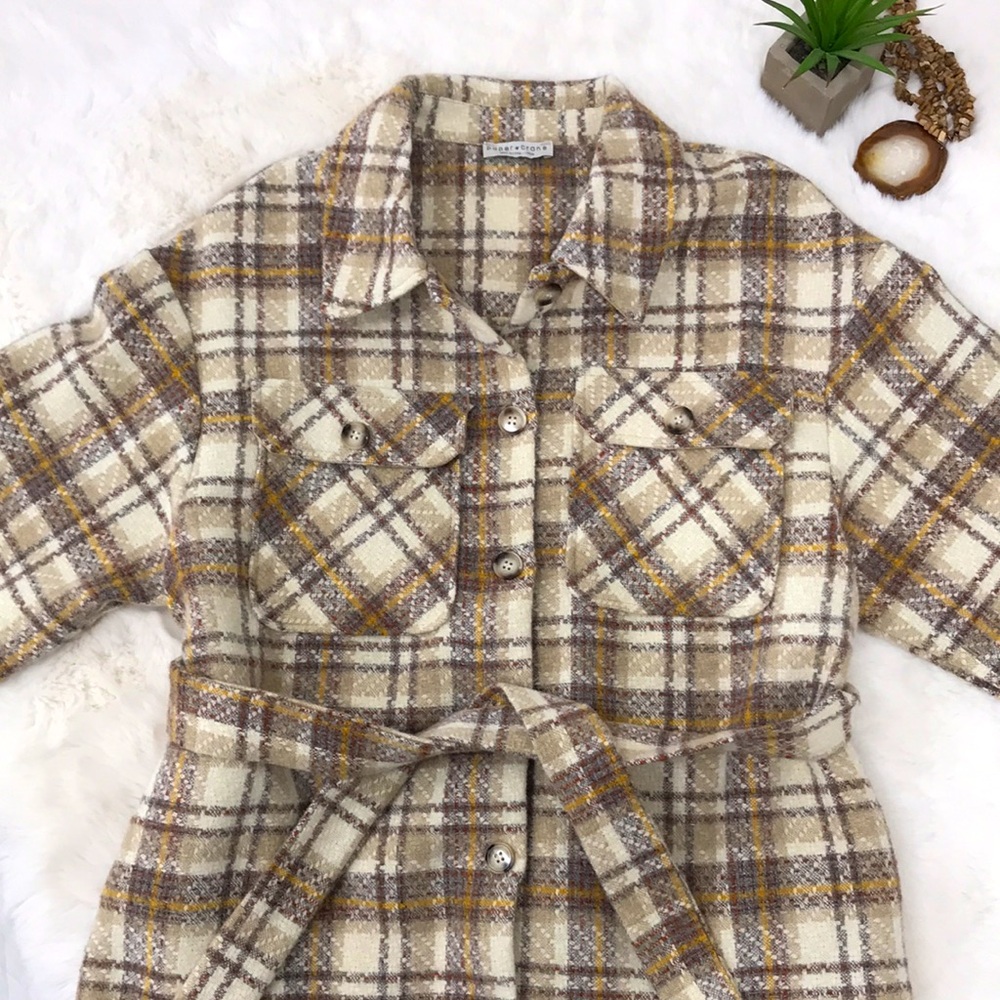 Paper Crane Plaid Fall Shacket Barn Jacket With Belt Size Large